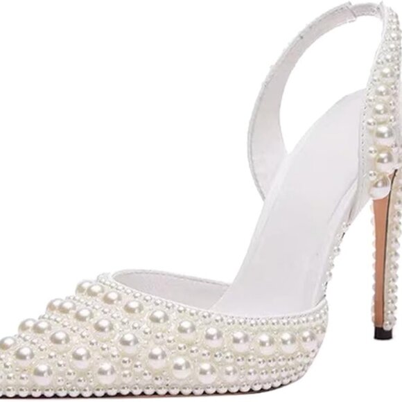 Pearl Slingback Heels Women 3.5 Inch Stiletto Pointed Toe Wedding Shoes - Picture 1 of 8